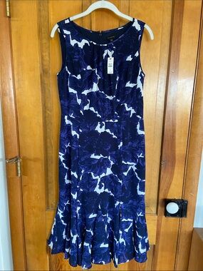 Talbots Navy and White Floral Sleeveless Midi Dress
